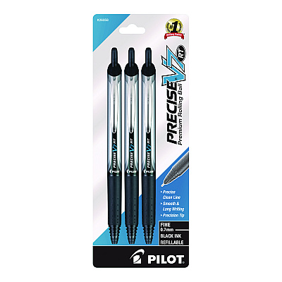 Pilot Precise V7RT Roller Ball Pen, Retractable, Fine 0.7 mm, Black Ink and Barrel, 3/Pack (PIL26058)