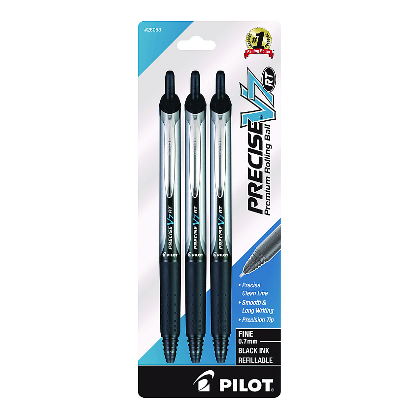 Pilot Precise V7RT Roller Ball Pen, Retractable, Fine 0.7 mm, Black Ink and Barrel, 3/Pack (PIL26058)