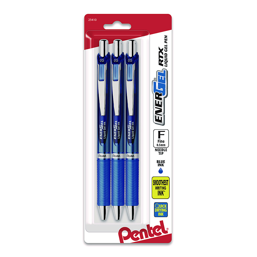 Pentel EnerGel RTX Deluxe Gel Pen, Retractable, Fine 0.5 mm, Blue Ink, Blue/Silver Barrel, 3/Pack (PENBLN75BP3C)