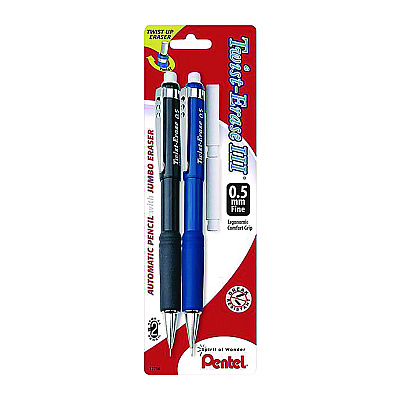 Pentel Twist-Erase III Mechanical Pencil, 0.5 mm, HB (#2), Black Lead, Black/Blue Barrel, 2/Pack (PENQE515BPK6)
