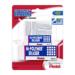 Pentel Hi-Polymer Eraser Assortment, (4) Pencil Caps/(1) Large Block/(1) Small Block, White, 6/Pack (PENZEH2510BP)