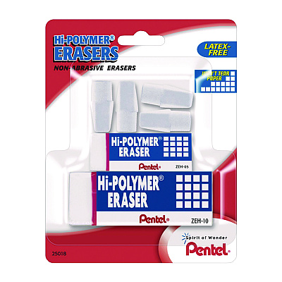 Pentel Hi-Polymer Eraser Assortment, (4) Pencil Caps/(1) Large Block/(1) Small Block, White, 6/Pack (PENZEH2510BP)