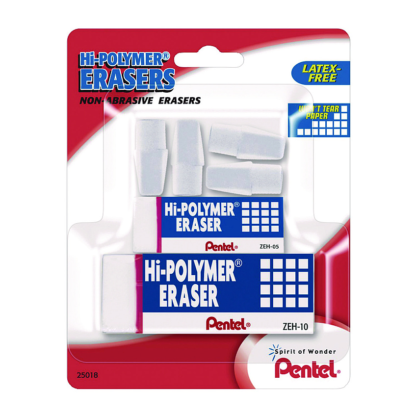 Pentel Hi-Polymer Eraser Assortment, (4) Pencil Caps/(1) Large Block/(1) Small Block, White, 6/Pack (PENZEH2510BP)
