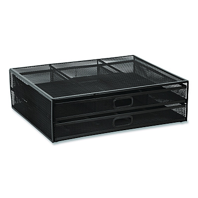 MOUNT-IT! Metal Mesh Monitor Stand with Storage Drawers, For Up to 32" Monitors, 15.8" x 11.8" x 4.7", Black, Supports 30 lb (MI7365)