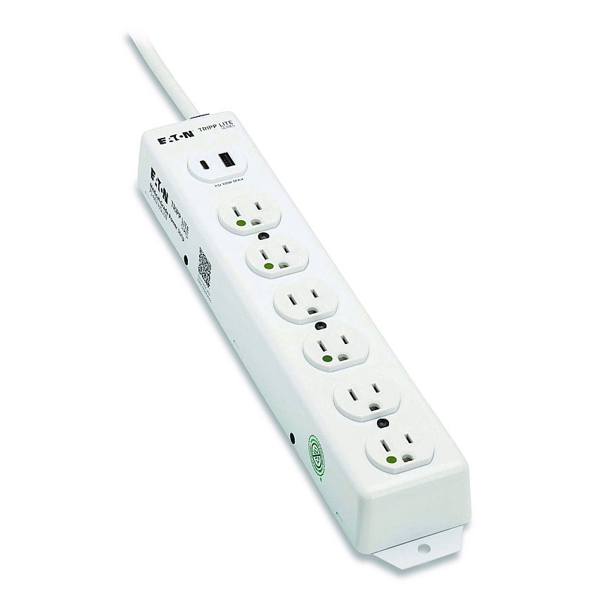Tripp Lite Safe-IT Medical-Grade Power Strip with Antimicrobial Protection, 6 Hospital-Grade Outlets, USB Charging, 2 ft Cord, White (PS602HGUSB)