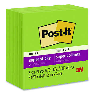 Post-it Notes Super Sticky Super Sticky Pads in Energy Boost Collection Colors, 3 x 3, Limeade, 90 Sheets/Pad, 5 Pads/Pack (70005174100)