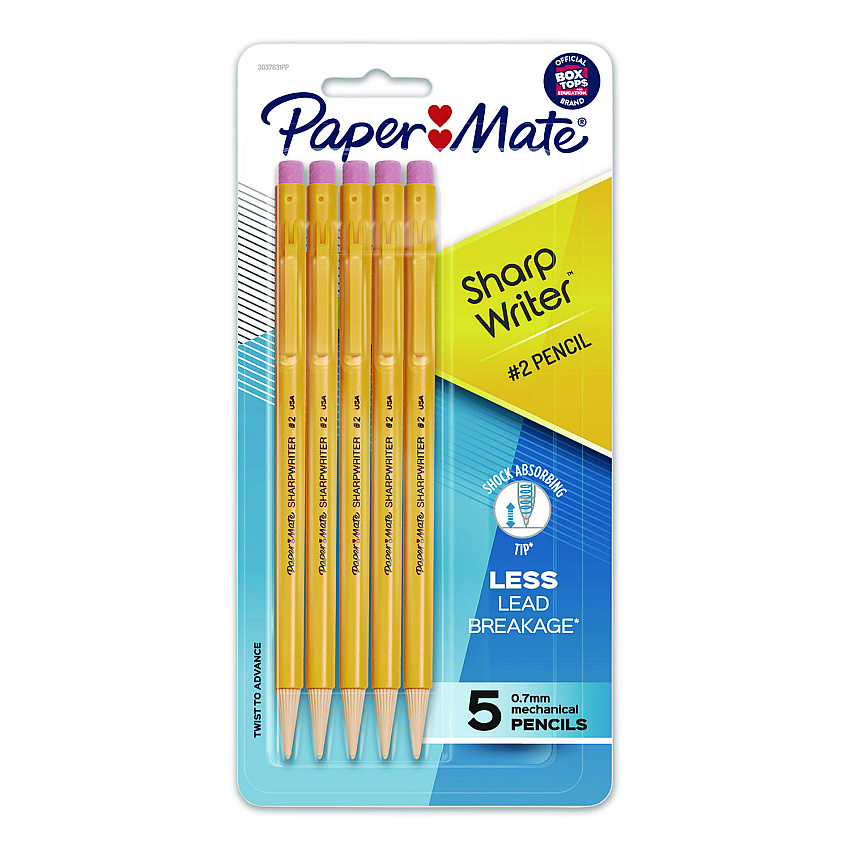 Paper Mate Sharpwriter Mechanical Pencil, 0.7 mm, HB (#2), Black Lead, Classic Yellow Barrel, 5/Pack (30376BPP)