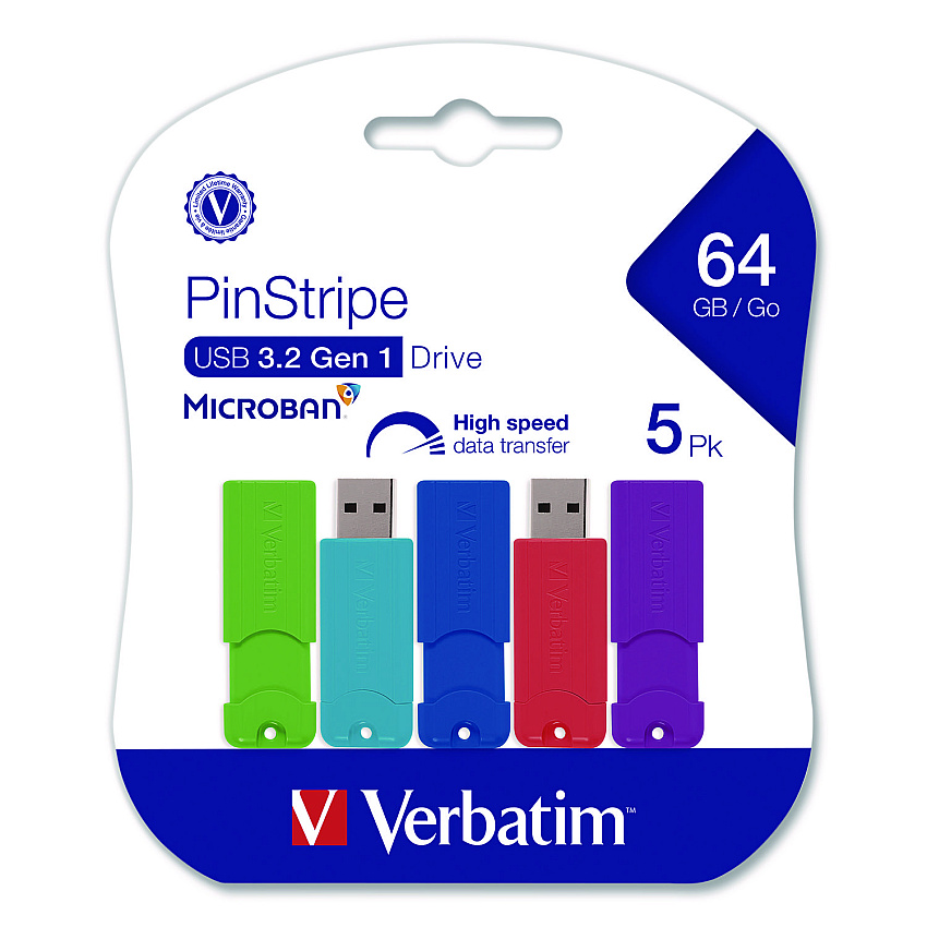 Verbatim PinStripe USB 3.2 Flash Drive, 64 GB, Assorted Colors, 5/Pack (70389)
