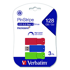 Verbatim PinStripe USB 3.0 Flash Drive, 128 GB, Blue/Green/Red, 3/Pack (70390)