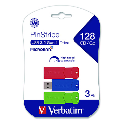 Verbatim PinStripe USB 3.0 Flash Drive, 128 GB, Blue/Green/Red, 3/Pack (70390)