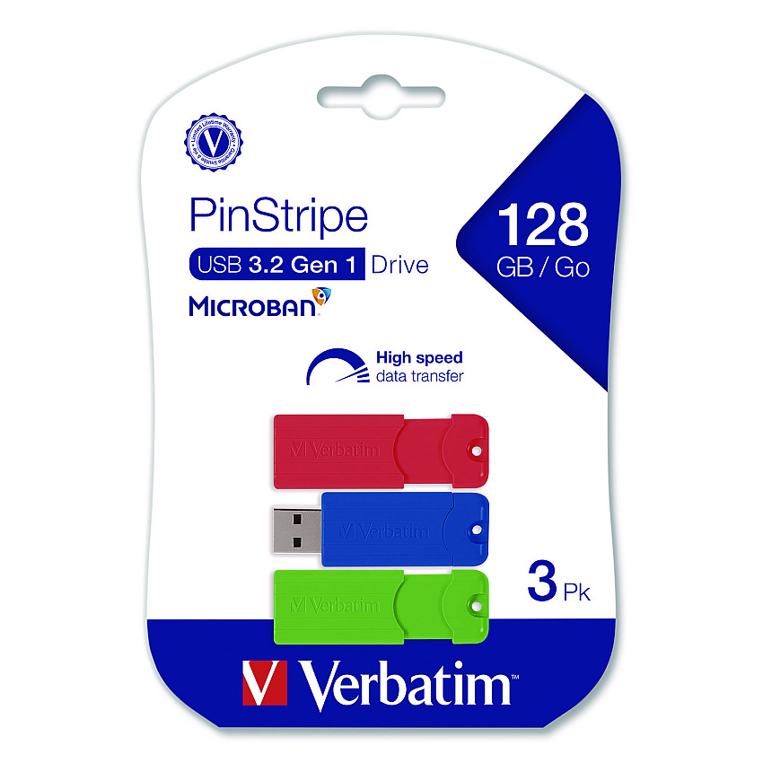 Verbatim PinStripe USB 3.0 Flash Drive, 128 GB, Blue/Green/Red, 3/Pack (70390)