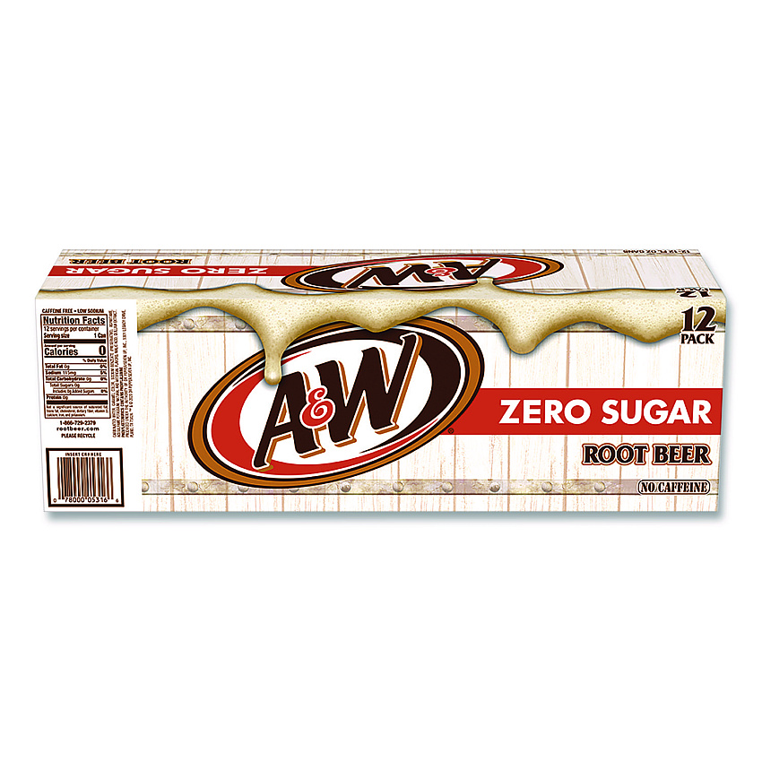 A&W Zero Sugar Root Beer, Vanilla, 12 oz Can, 24/Carton (1564416)