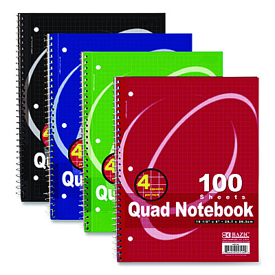 BAZIC Spiral Notebooks, 1-Subject, Quadrille Rule (4 sq/in), Randomly Assorted Cover Color, (100) 10.5 x 8 Sheets (514)