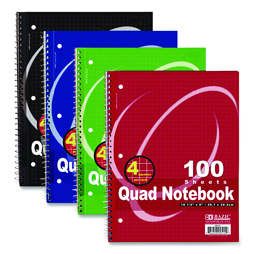 BAZIC Spiral Notebooks, 1-Subject, Quadrille Rule (4 sq/in), Randomly Assorted Cover Color, (100) 10.5 x 8 Sheets (514)