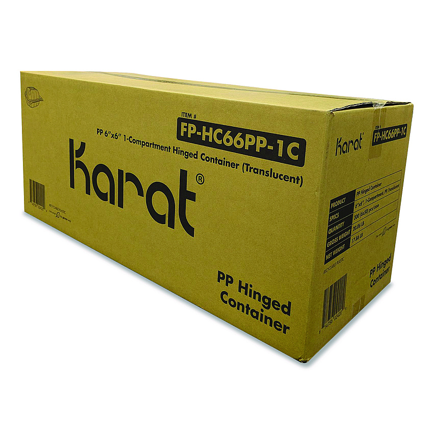 Karat Polypropylene Plastic Hinged Container, 6 x 6 x 3.3, Clear, Plastic, 50/Pack, 6 Packs/Carton (FPHC66PP1C)