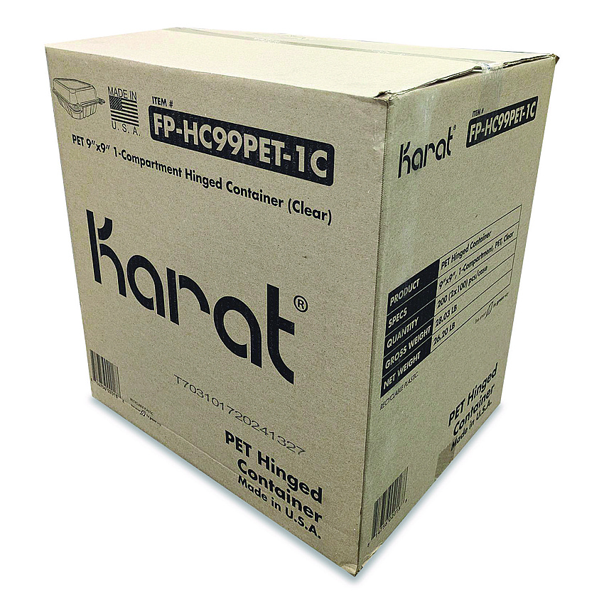 Karat PET Plastic Hinged Container, 9 x 9 x 3.6, Clear, Plastic, 100/Pack, 2 Packs/Carton (FPHC99PET1C)