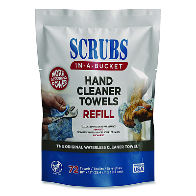 Hand Cleaner Towels, SCRUBS in-a-Bucket Refill, 1-Ply, 10 x 12, Citrus, Blue/White, 72/Pack, 6 Packs/Carton (42270)