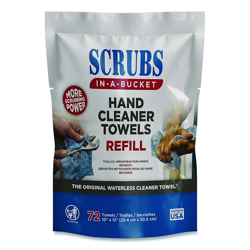 Hand Cleaner Towels, SCRUBS in-a-Bucket Refill, 1-Ply, 10 x 12, Citrus, Blue/White, 72/Pack, 6 Packs/Carton (42270)
