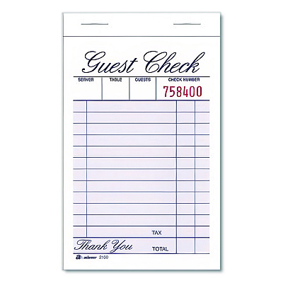 Adams One-Part Guest Check Pad, One-Part (No Copies), 3.35 x 4.94, 100 Forms/Pad, 12 Pads/Pack (210012)