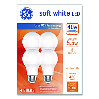 GE Classic LED SW Non-Dim A19 Light Bulb, 5.5 W, Soft White, 4/Pack (93131062)