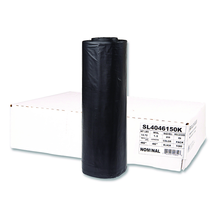 Inteplast Group Institutional Low-Density Can Liners, 45 gal, 1.5 mil, 40" x 46", Black, Interleaved Roll, 20 Bags/Roll, 5 Rolls/Carton (SL4046150K)