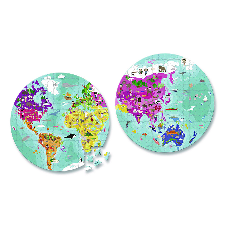 Janod Cardboard Round Double-Sided Blue Planet Suitcase Puzzle, Grades 2 to 7, 208 Pieces (J02655)