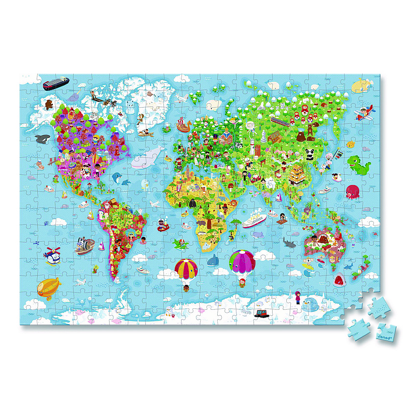 Janod Cardboard Giant World Map Suitcase Puzzle, Grades 2 to 7, 300 Pieces (J02656)