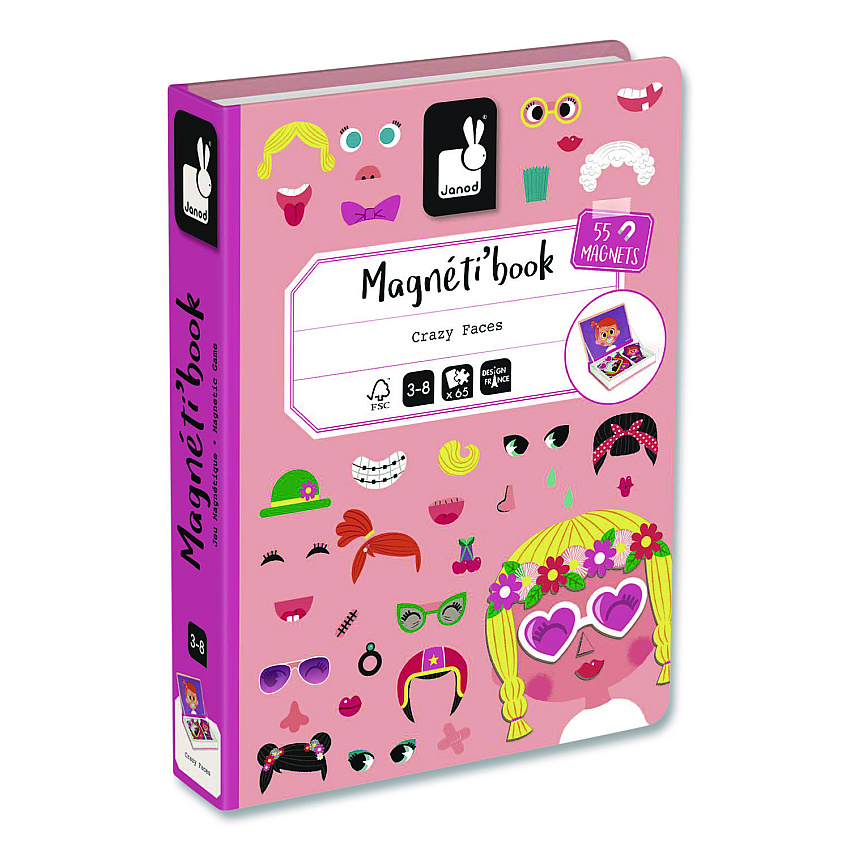 Janod Magneti'books, Girl's Crazy Faces, Ages 3 to 8, 65 Pieces (J02717)