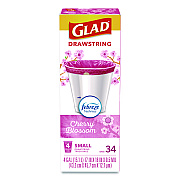 Glad OdorShield Small Drawstring Trash Bags, 4 gal, Cherry Blossom Scent, 0.5 mil, 18" x 17", Pink, 34/Box (79274)