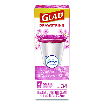 Glad OdorShield Small Drawstring Trash Bags, 4 gal, Cherry Blossom Scent, 0.5 mil, 18" x 17", Pink, 34/Box (79274)