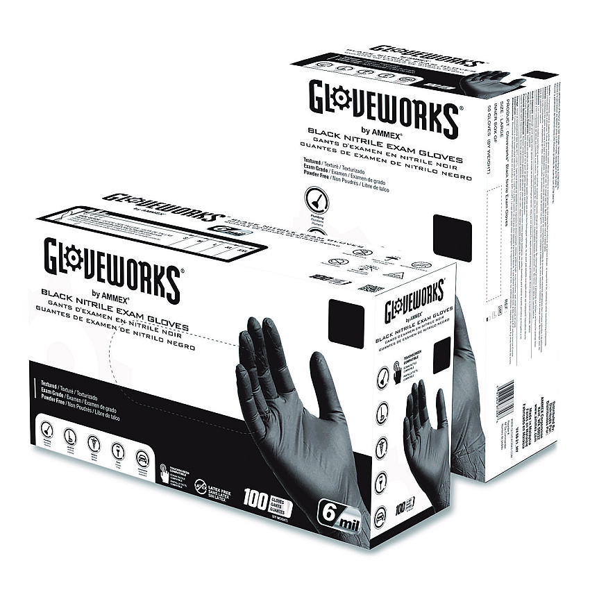 GloveWorks by AMMEX Nitrile Exam Gloves, Powder-Free, Small, 6 mil Thick, 9.5" Long, Black, 100/Box (GWBEN42100BX)