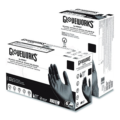 GloveWorks by AMMEX Nitrile Exam Gloves, Powder-Free, XX-Large, 6 mil Thick, 9.5" Long, Black, 100/Box (GWBEN49100BX)