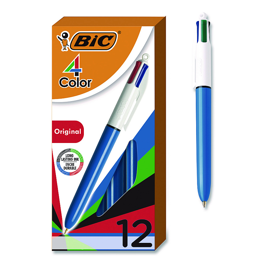 BIC 4-Color Multi-Color Ballpoint Pen, Retractable, Medium 1 mm, Black/Blue/Green/Red Ink, Blue/White Barrel, 12/Box (MM11AST)