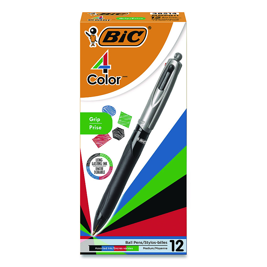 BIC 4-Color Pro Grip Multi-Color Ballpoint Pen, Retractable, Medium 1 mm, Black/Blue/Green/Red Ink, Black/Gray Barrel, Dozen (MMPG11AST)