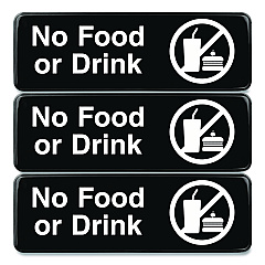 General Printing & Design No Food or Drink Wall Sign, 9" x 3", Black Face, White Graphics, 3/Pack (EGPHD0267S)