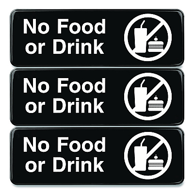 General Printing & Design No Food or Drink Wall Sign, 9" x 3", Black Face, White Graphics, 3/Pack (EGPHD0267S)