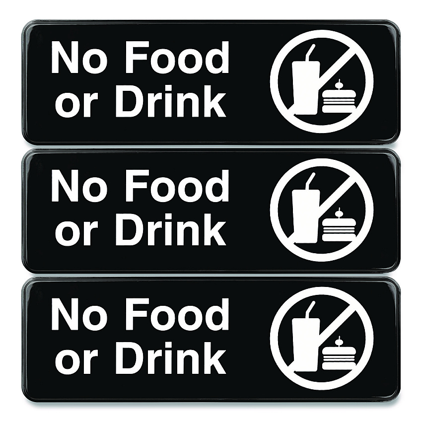 General Printing & Design No Food or Drink Wall Sign, 9" x 3", Black Face, White Graphics, 3/Pack (EGPHD0267S)