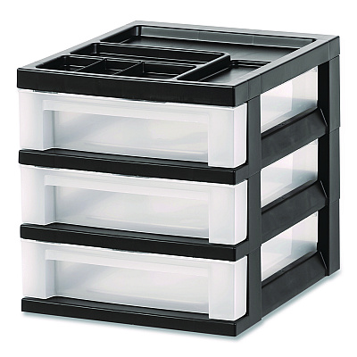 IRIS 3-Drawer Desktop Storage with Top Organizer Tray, Plastic, 12.17 x 14.33 x 12.93, Black/Translucent (116351)