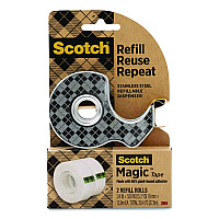 Scotch Stainless Steel Refillable Tape Dispenser with 2 Rolls 0.75" x 550" Tape (123R)