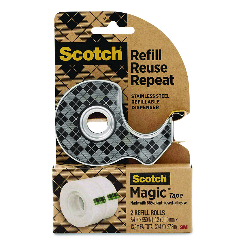 Scotch Stainless Steel Refillable Tape Dispenser with 2 Rolls 0.75" x 550" Tape (123R)