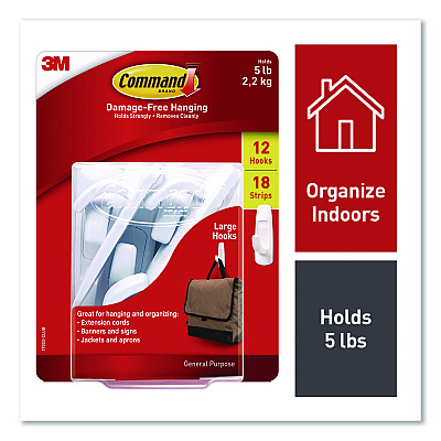 Command General Purpose Hooks, Large, Plastic, White, 5 lb Capacity, 12 Hooks and 18 Strips/Pack (17003CLUB)