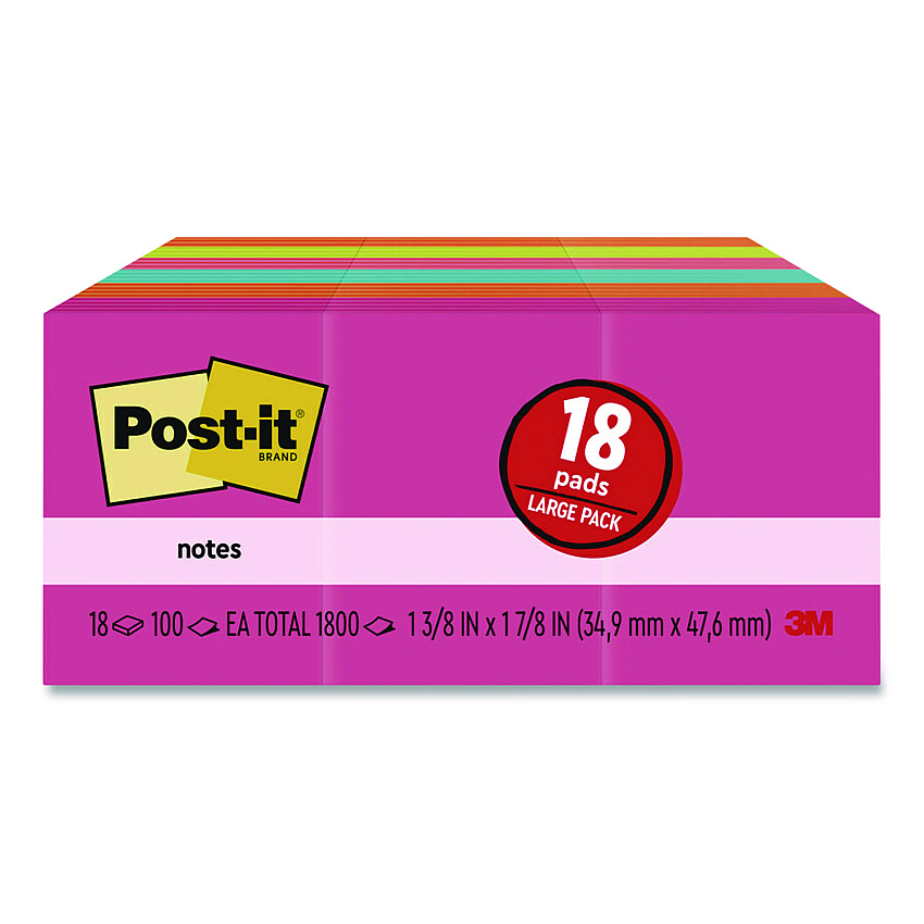 Post-it Notes Original Pads in Poptimistic Collection Colors, 1.38" x 1.88", 100 Sheets/Pad, 18 Pads/Pack (65318AU)