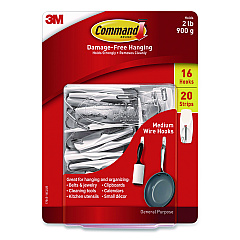Command General Purpose Wire Hooks, Medium, Metal, White, 2 lb Capacity, 16 Hooks and 20 Strips/Pack (1706516CLUB)