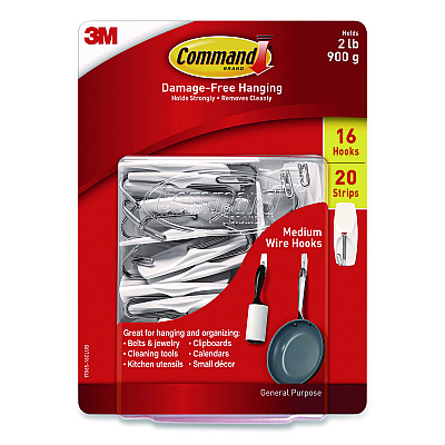 Command General Purpose Wire Hooks, Medium, Metal, White, 2 lb Capacity, 16 Hooks and 20 Strips/Pack (1706516CLUB)