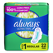 Always Ultra Thin Pads with Wings, Size 1, Regular Absorbency, 22 Pads/Pack, 12 Packs/Carton (03339)