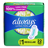 Always Ultra Thin Pads with Wings, Size 1, Regular Absorbency, 22 Pads/Pack, 12 Packs/Carton (03339)