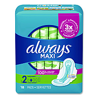 Always Maxi Long Super Daytime Pad with Wings, Size 2, Super Absorbency, 18/Pack, 8 Packs/Carton (03368)