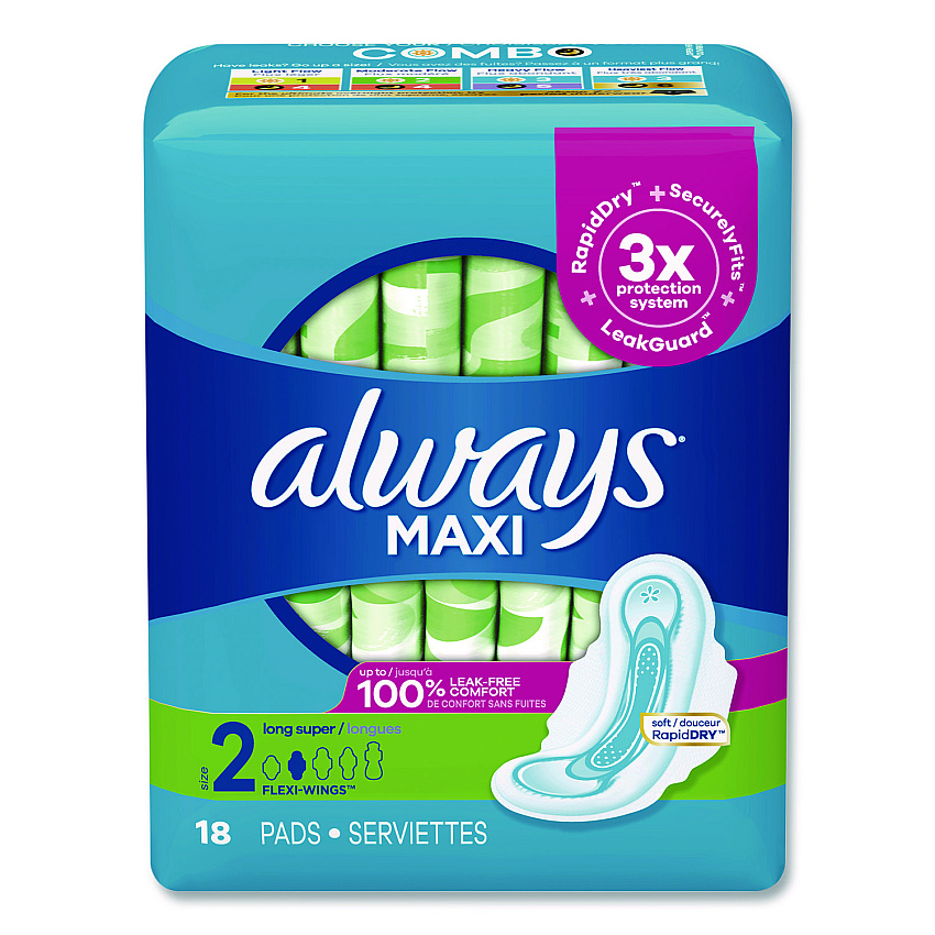 Always Maxi Long Super Daytime Pad with Wings, Size 2, Super Absorbency, 18/Pack, 8 Packs/Carton (03368)