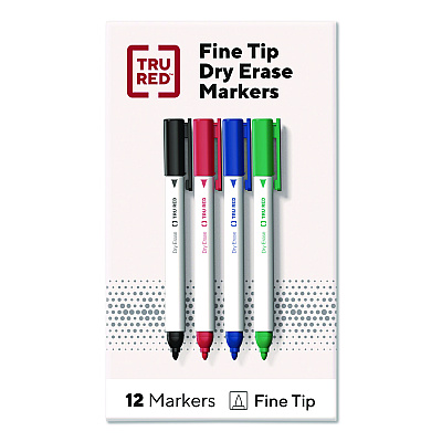 TRU RED Pen Dry Erase Markers, Bullet Fine Tip, Assorted Colors, 12/Pack (TR61455)