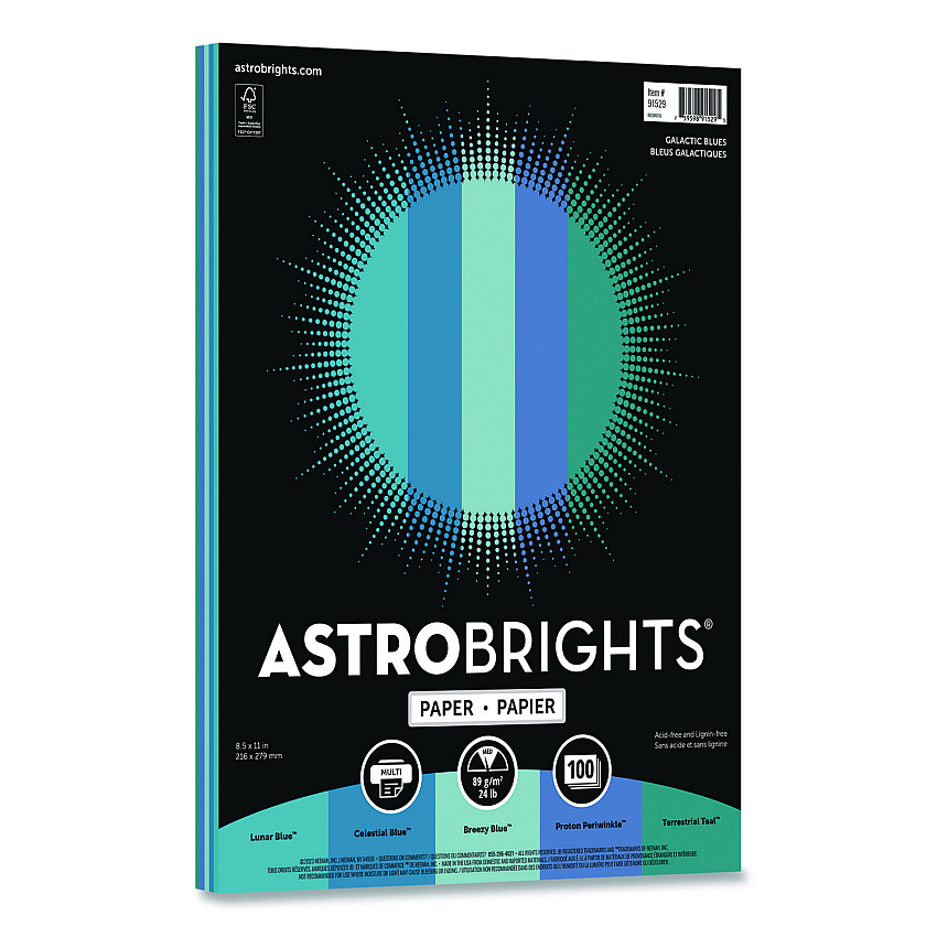 Astrobrights Color Paper - "Galactic Blues" Assortment, 24 lb Bond Weight, 8.5 x 11, Assorted Blue Colors, 100/Pack (91529)